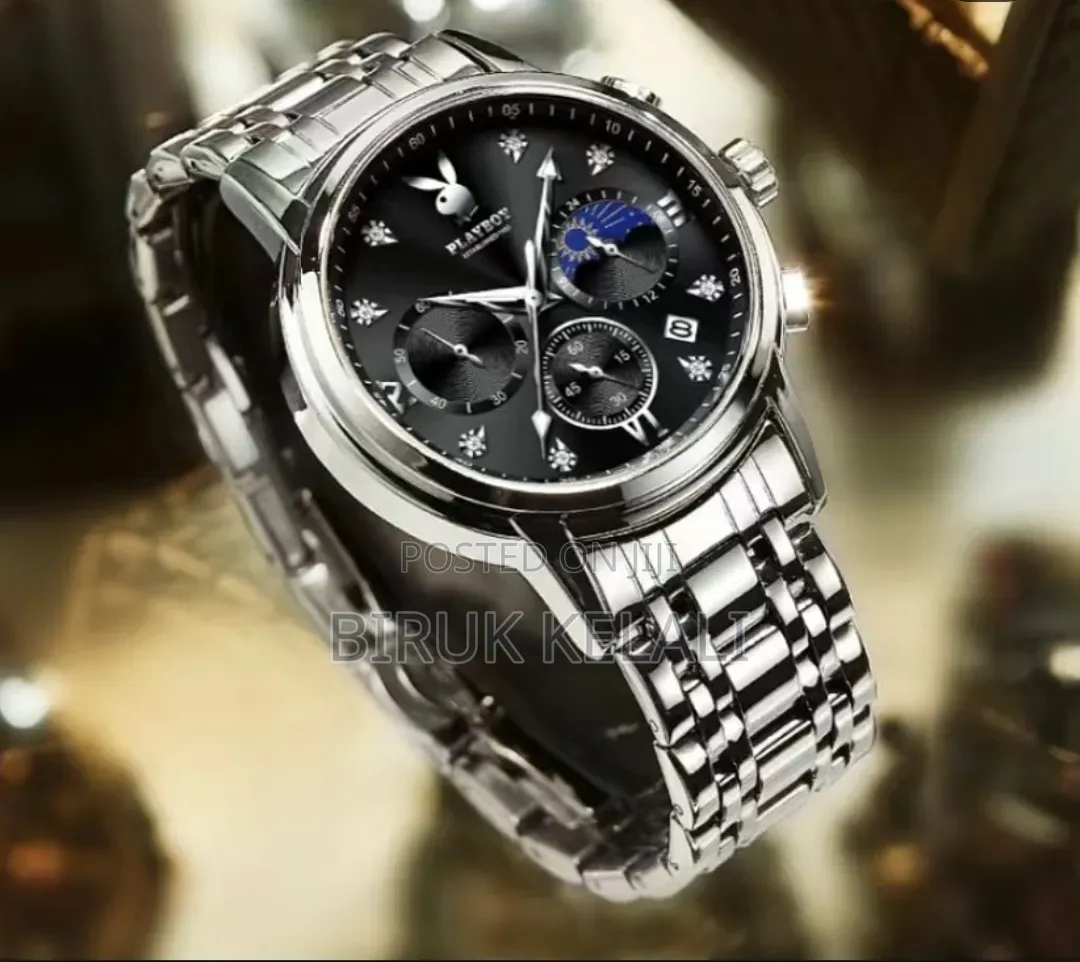 Playboy Men's Silver and Black Multi-Dial Quartz Watch