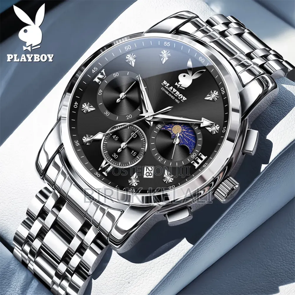 Playboy Men's Silver and Black Multi-Dial Quartz Watch