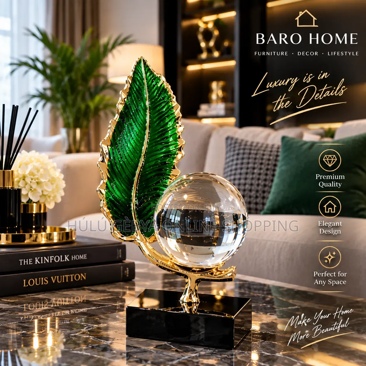 Baro Home — Emerald Gold Crystal-Orb Leaf Sculpture