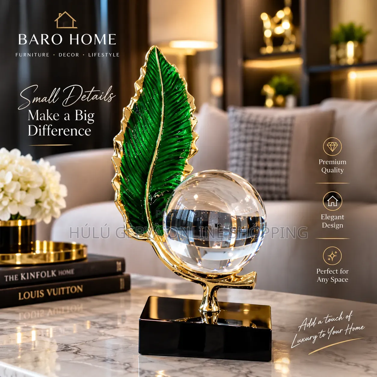 Baro Home — Emerald Gold Crystal-Orb Leaf Sculpture