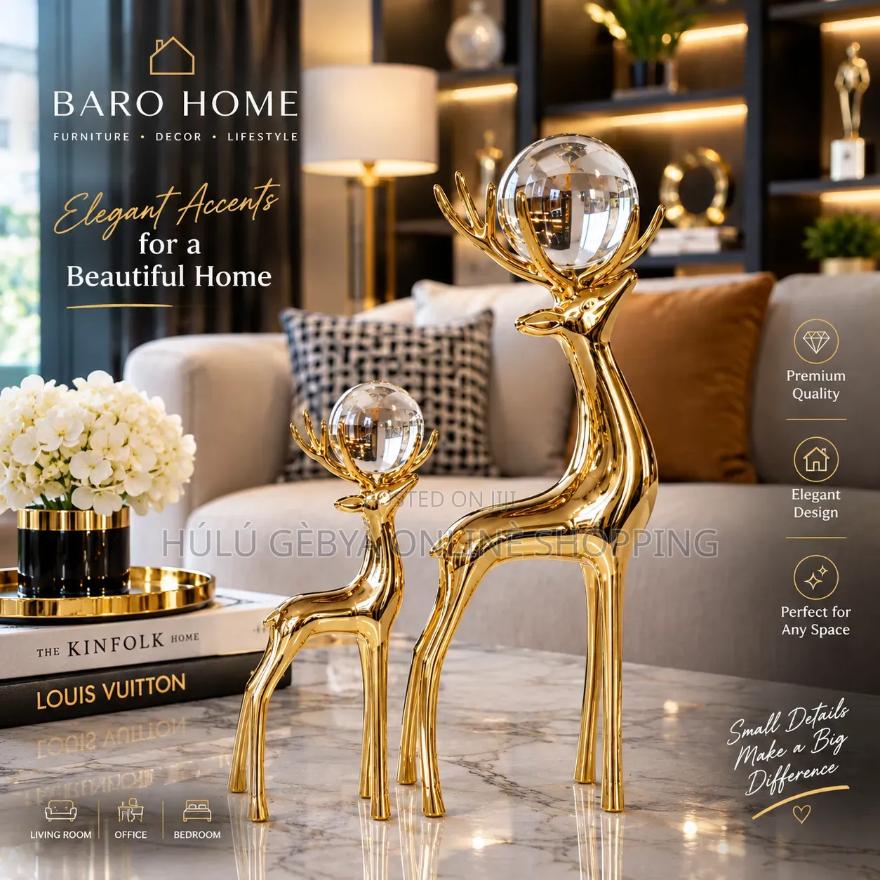 Baro Home Luxury Golden Crystalorb Deer Sculpture Set (Pair of 2)