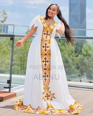 Elegant Ethiopian Habesha Kemis – White Gold Traditional Dress