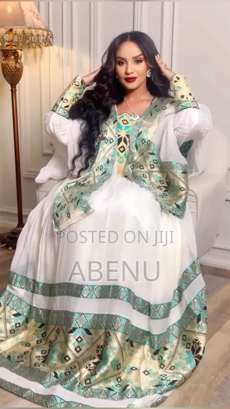 Elegant Ethiopian Habesha Kemis – White Gold Traditional Dress