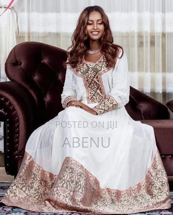Elegant Ethiopian Habesha Kemis – White Gold Traditional Dress