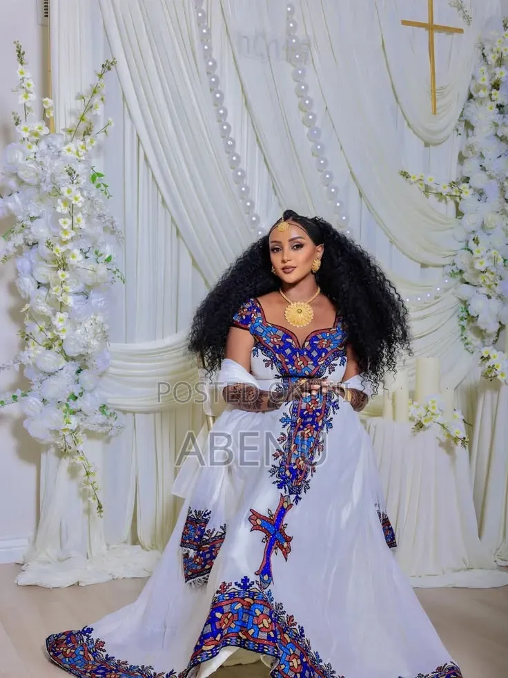Elegant White Blue Ethiopian Habesha Kemis