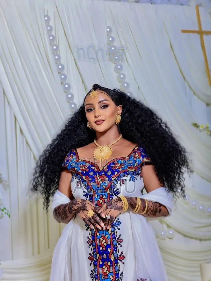 Elegant White Blue Ethiopian Habesha Kemis