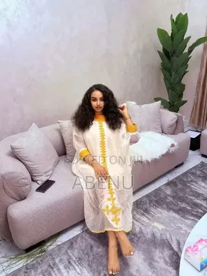 Elegant White Blue Ethiopian Habesha Kemis