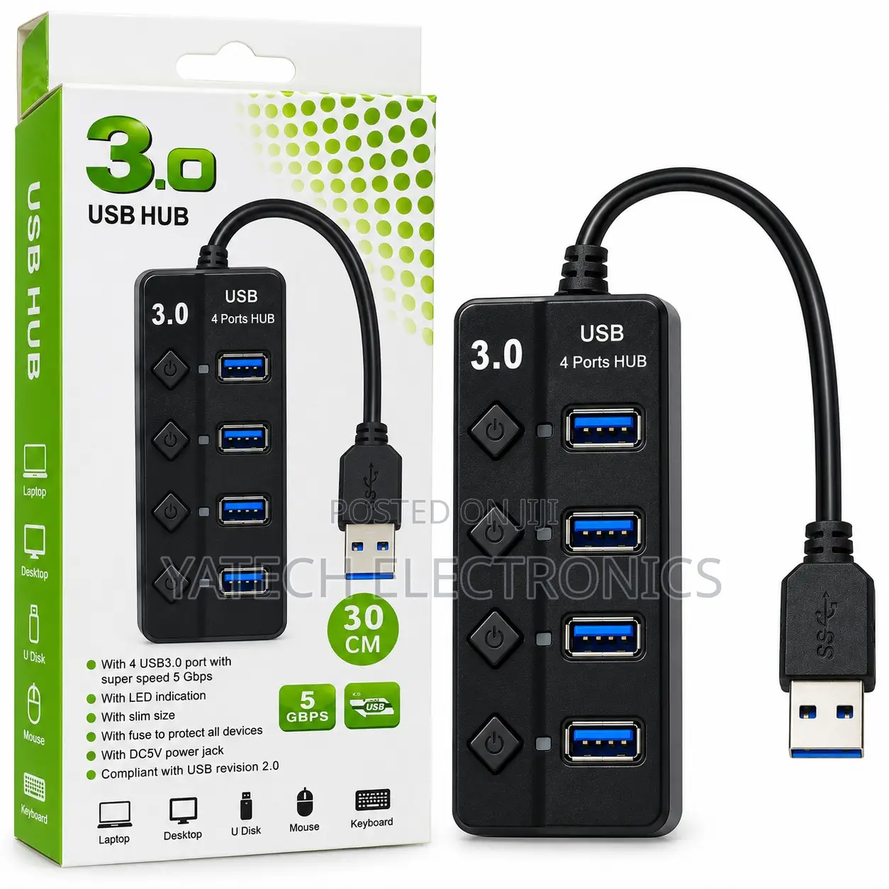 USB 3.0 4-Port Hub With Individual Power Switches – 5Gbps