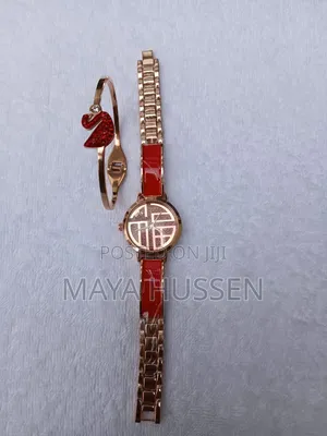 Women's Red Gold Watch Set With Crystal Red Swan Bangle