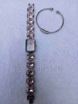 Chic Pink Crystal Stone Watch With Silver Open Cuff Bracelet Pair