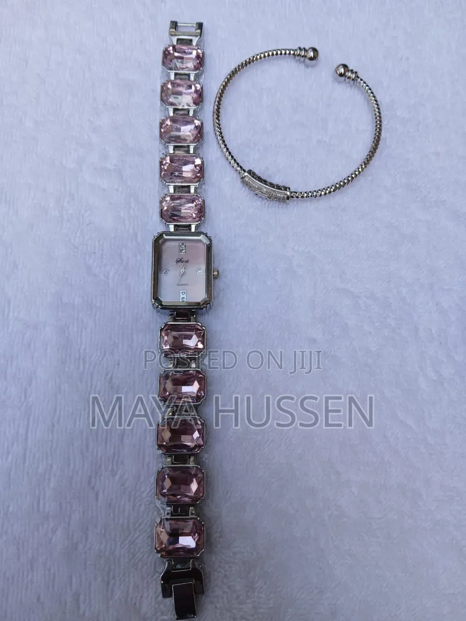 Chic Pink Crystal Stone Watch With Silver Open Cuff Bracelet Pair