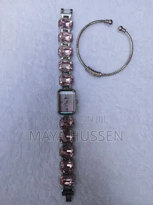 Chic Pink Crystal Stone Watch With Silver Open Cuff Bracelet Pair