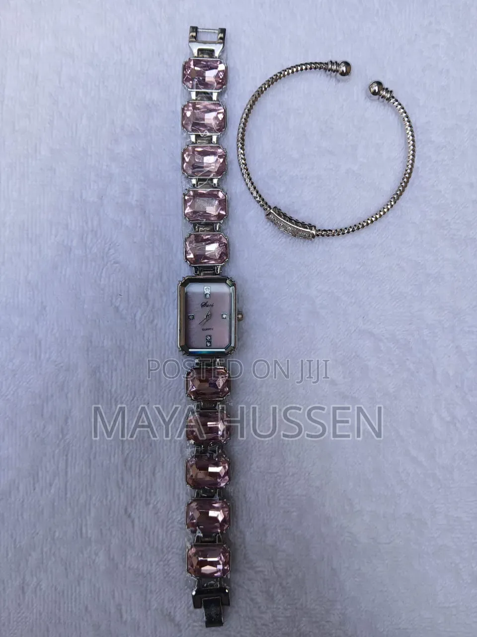 Chic Pink Crystal Stone Watch With Silver Open Cuff Bracelet Pair