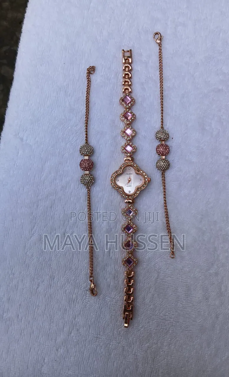 3-Piece Ladies Rose Gold Clover Watch Crystal Bead Bracelet Gift Set
