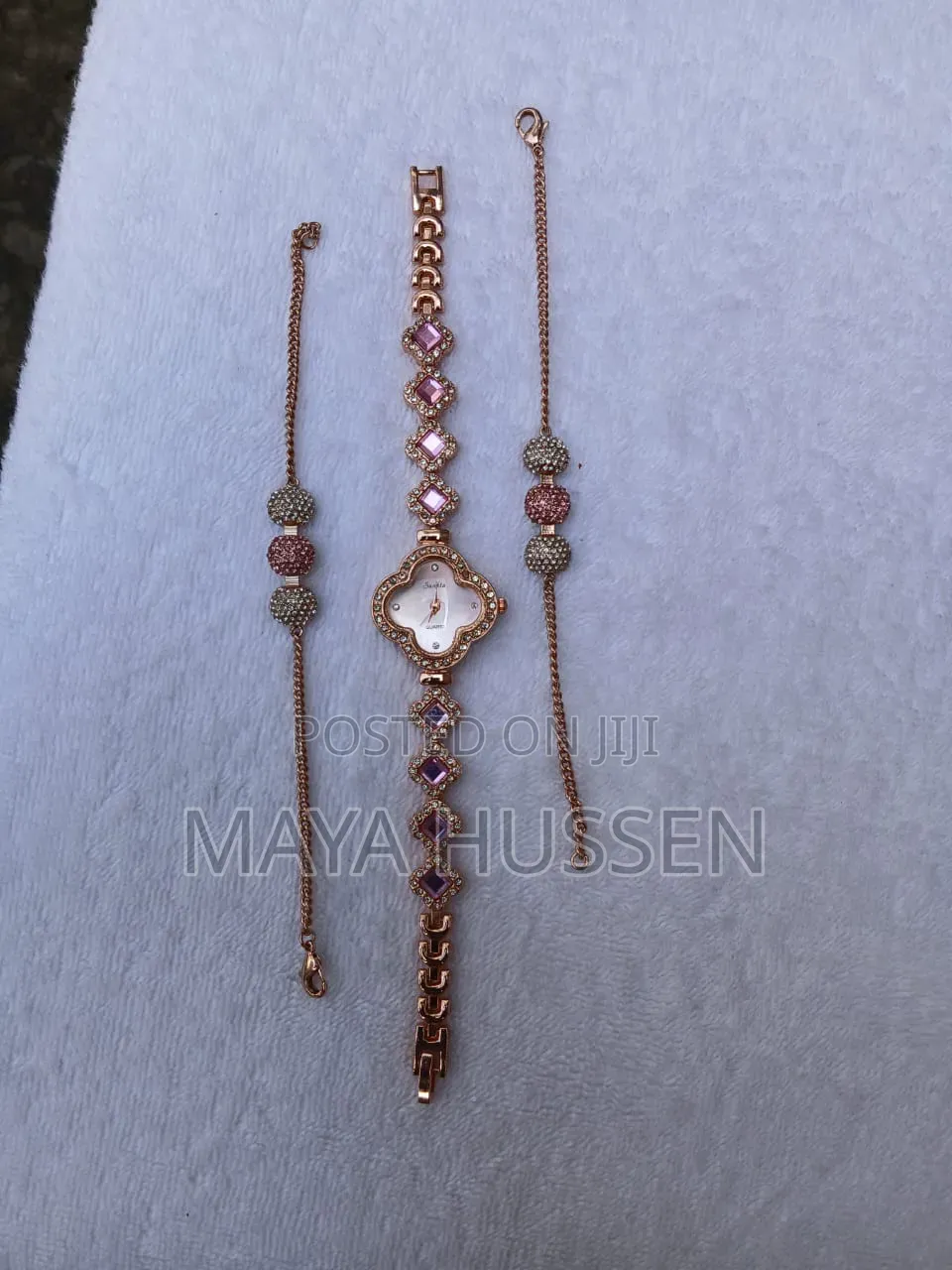 3-Piece Ladies Rose Gold Clover Watch Crystal Bead Bracelet Gift Set