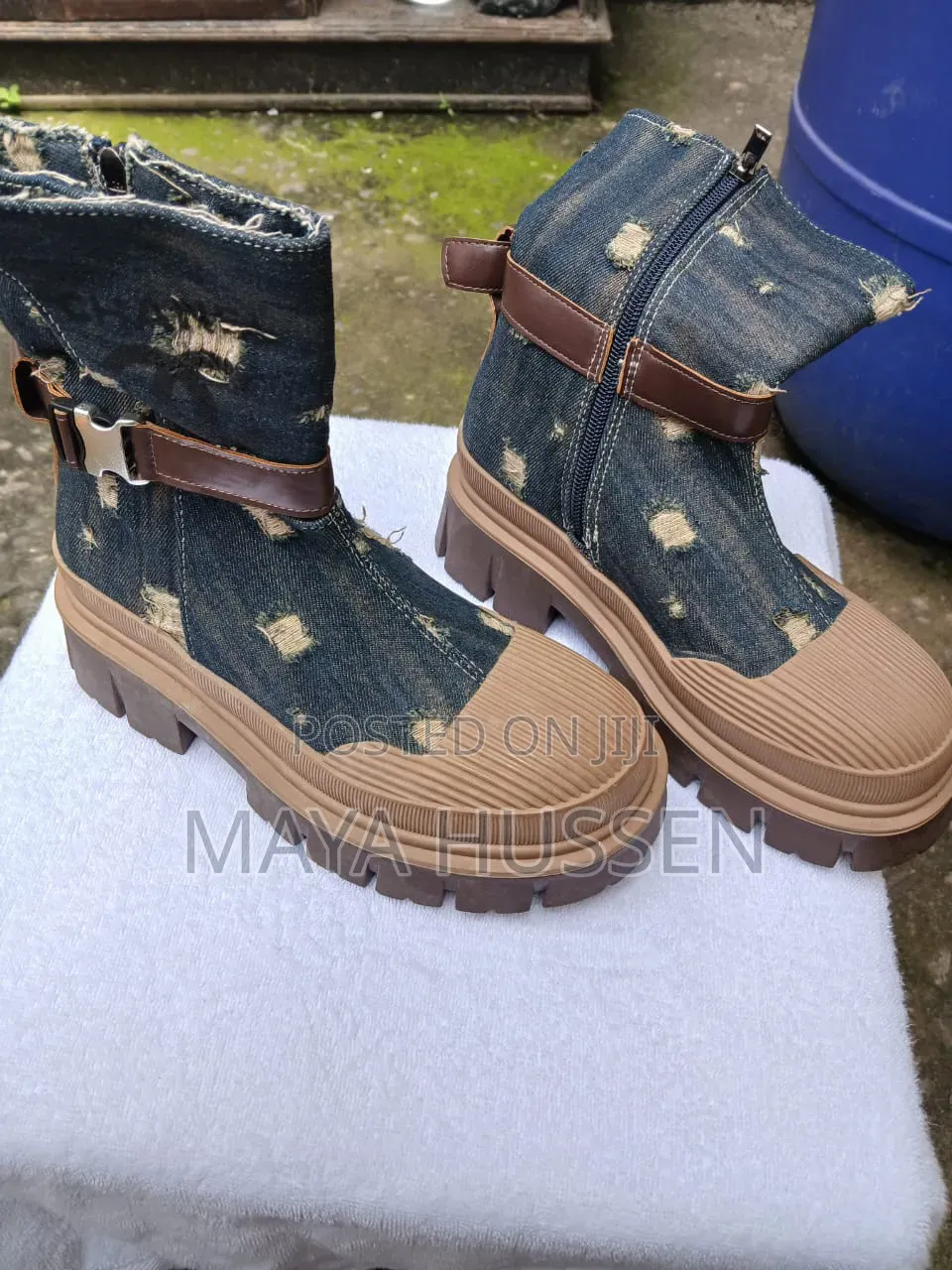Women's Distressed Denim Ankle Boots With Side Zipper – Size 37