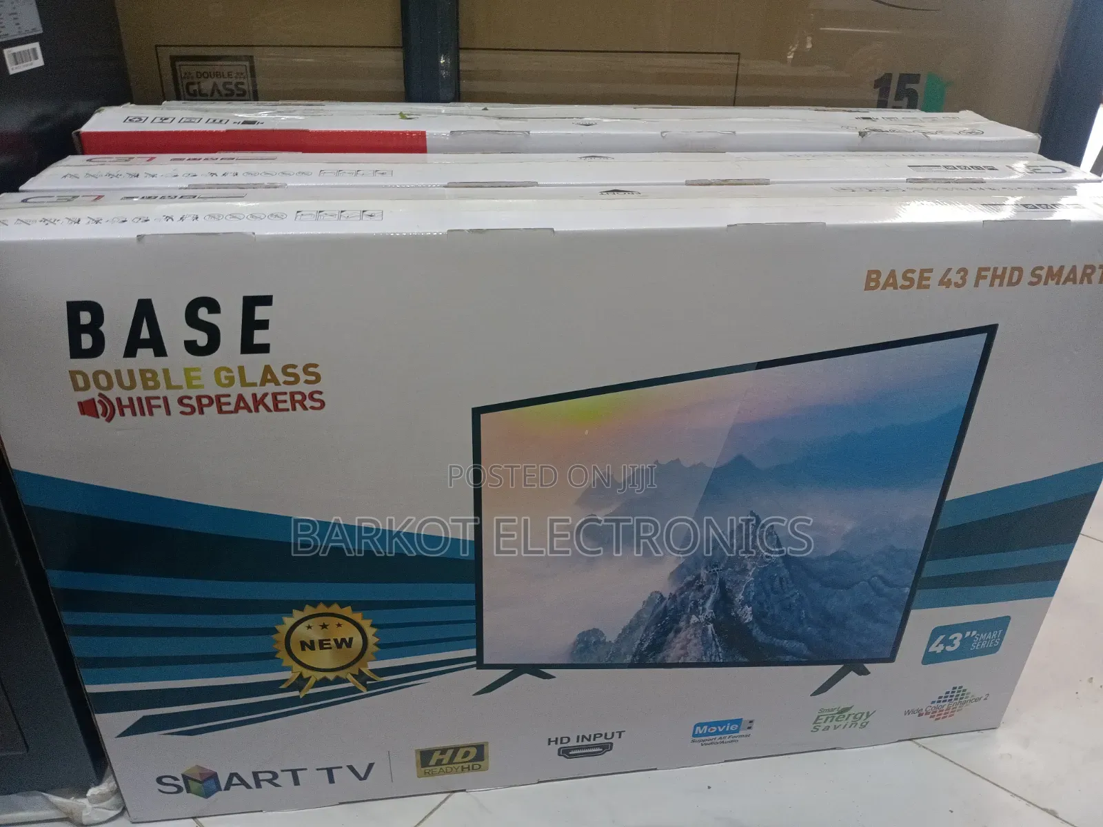 Base Doubel Gelass Hifi Speaker Base 43 FHD Smart TV Andraid 2026 Mode