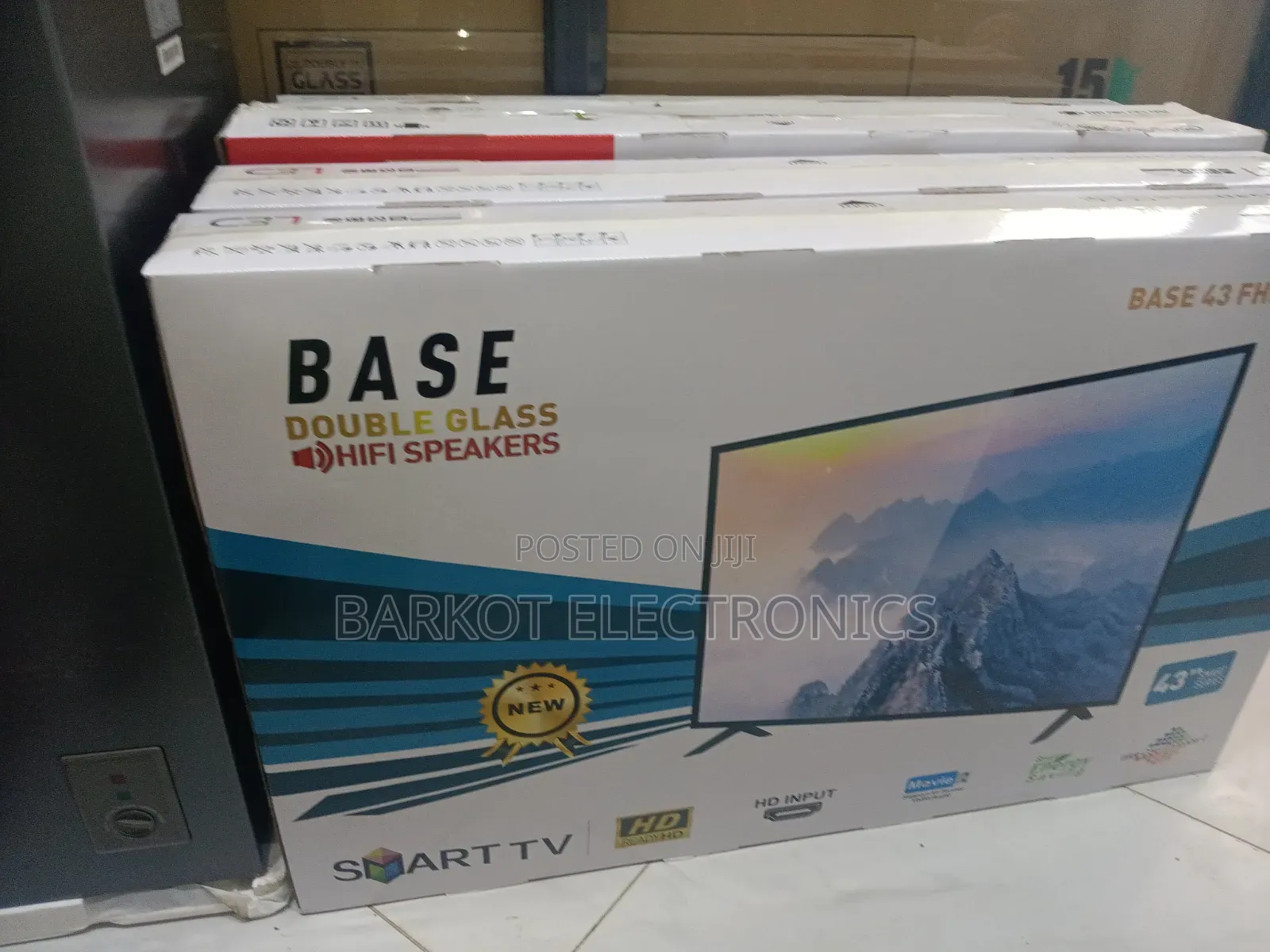 Base Doubel Gelass Hifi Speaker Base 43 FHD Smart TV Andraid 2026 Mode