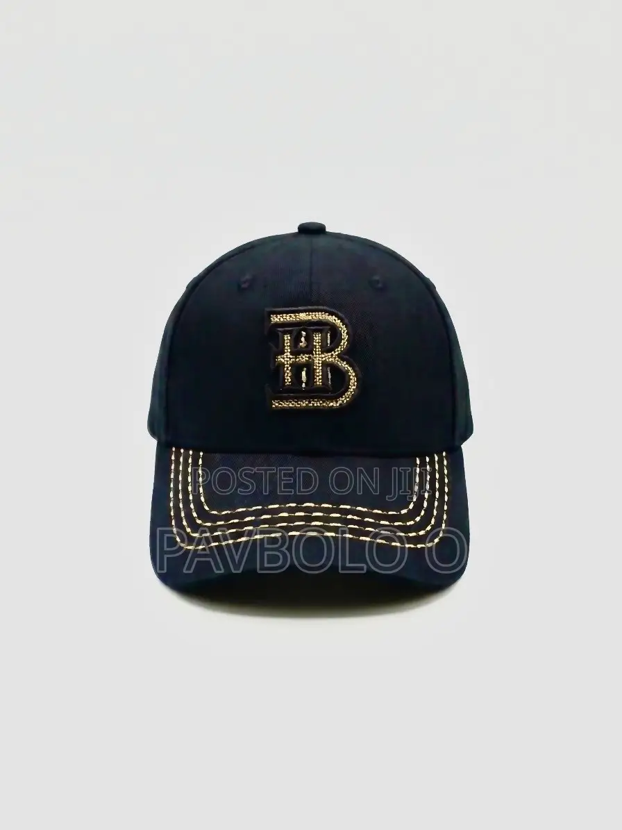 Black Cotton Baseball Cap - Gold 'B' Logo Gold Accent Stitching