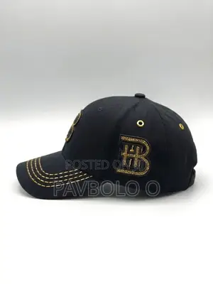 Black Cotton Baseball Cap - Gold 'B' Logo Gold Accent Stitching