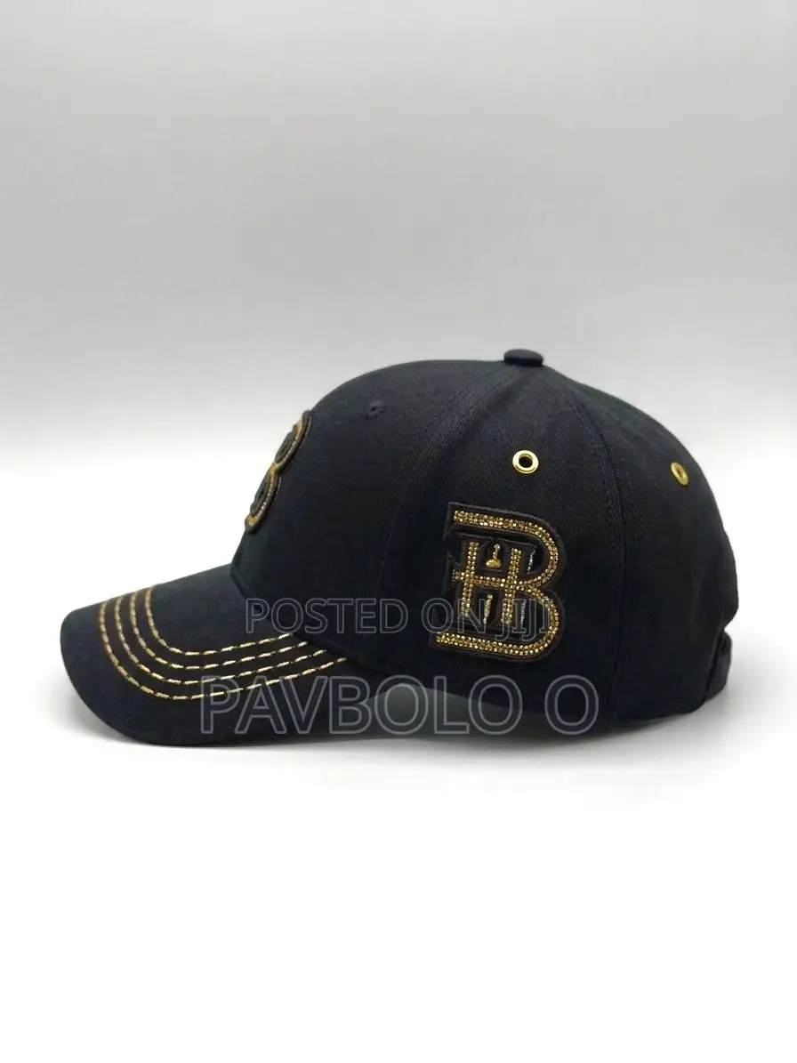 Black Cotton Baseball Cap - Gold 'B' Logo Gold Accent Stitching