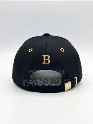 Black Cotton Baseball Cap - Gold 'B' Logo Gold Accent Stitching