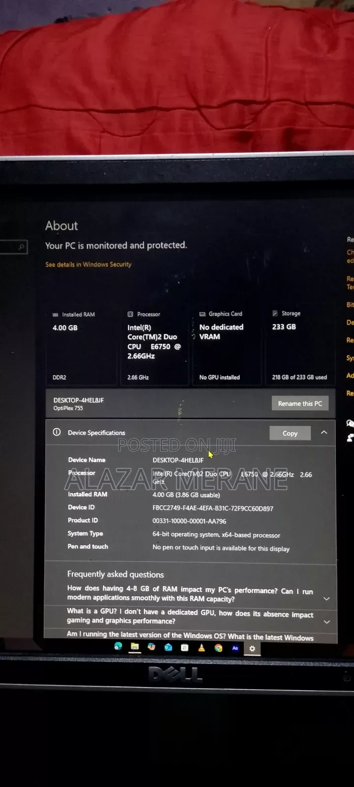 Desktop Computer Dell 4GB HDD 256GB