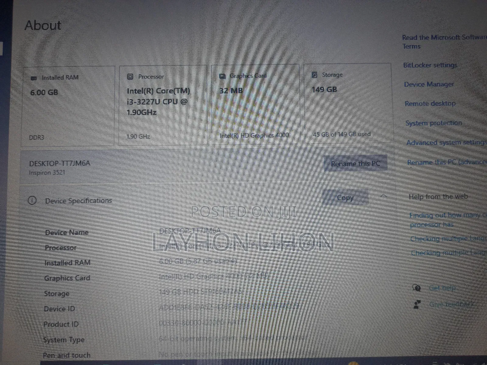 Laptop Dell Inspiron 15 3521 6GB Intel Core i3 HDD 140GB