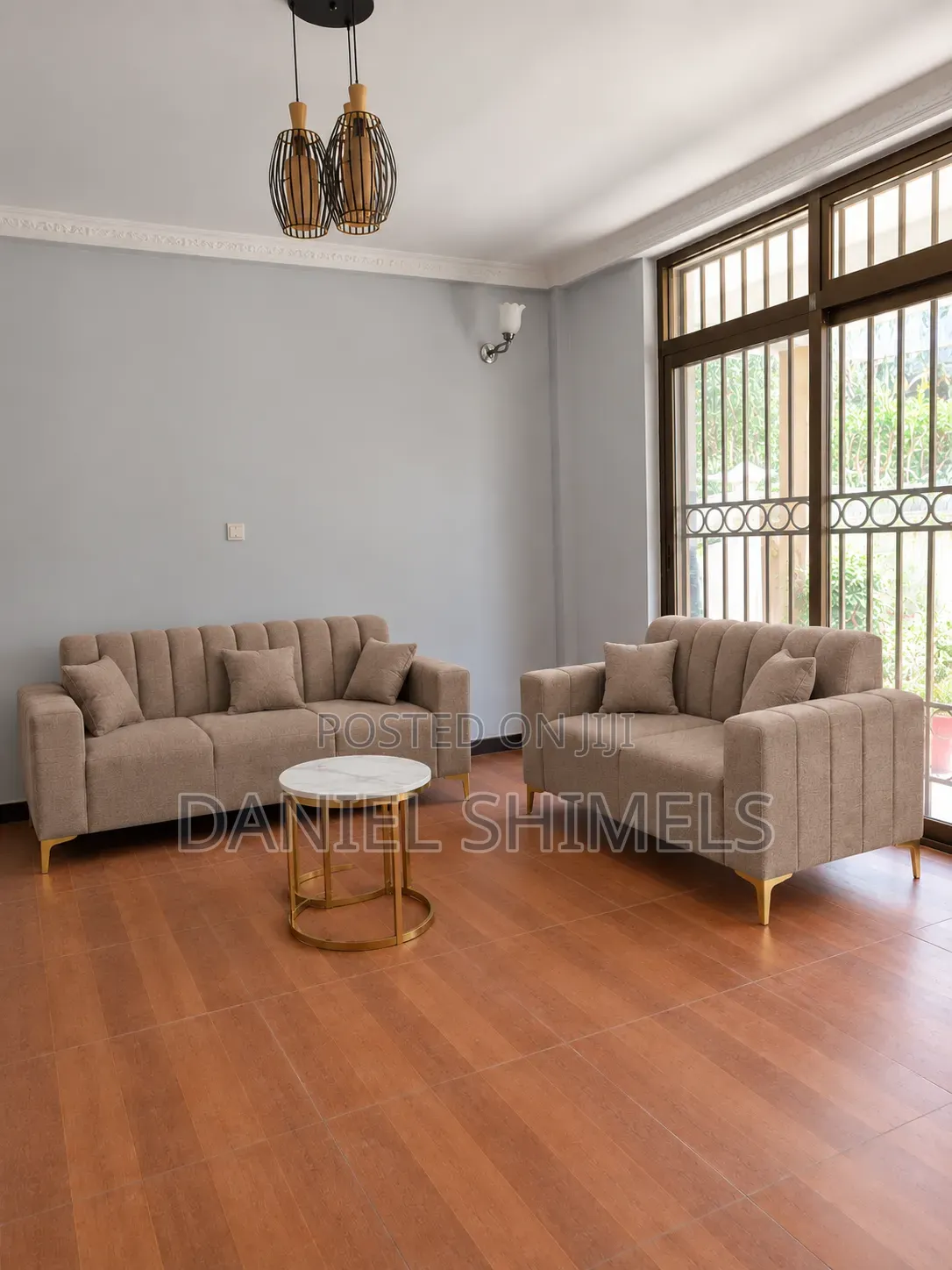 Elegant Taupe Sofa Set With Gold Legs - Brand New