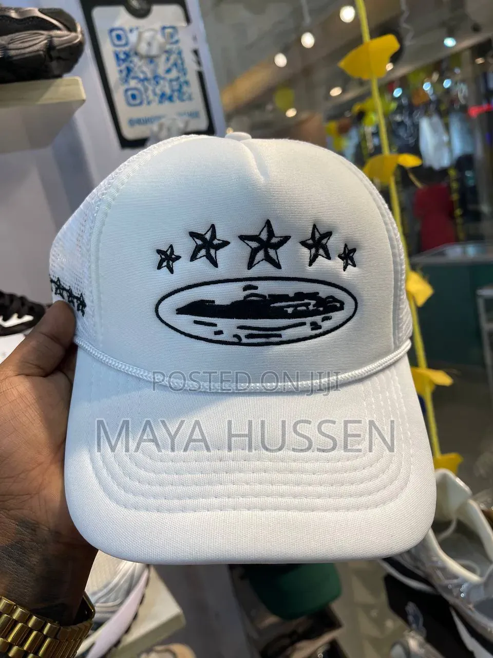 Stylish White Trucker Cap With Embroidered Stars - Brand New