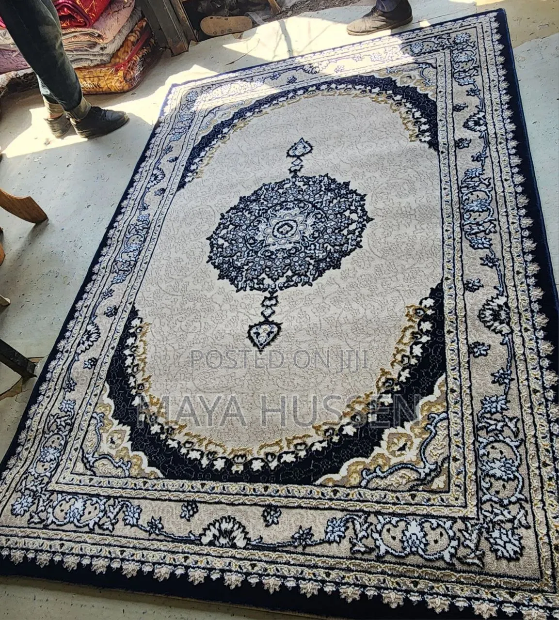 Turkish Persian-Style Navy Blue Cream Living Room Carpet / Rug