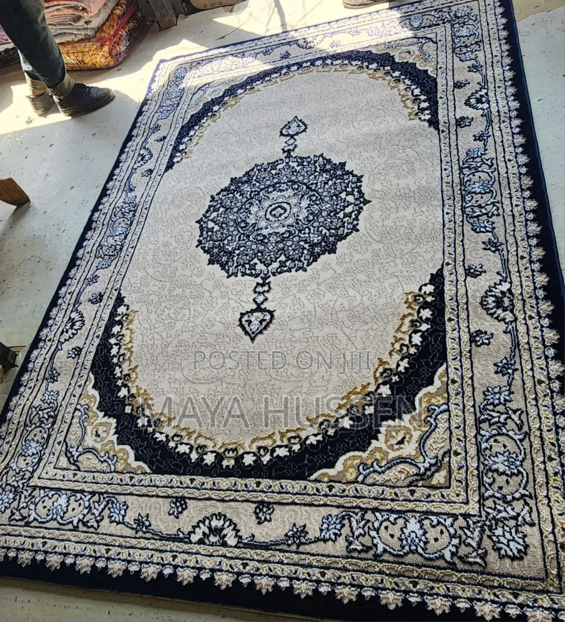 Turkish Persian-Style Navy Blue Cream Living Room Carpet / Rug