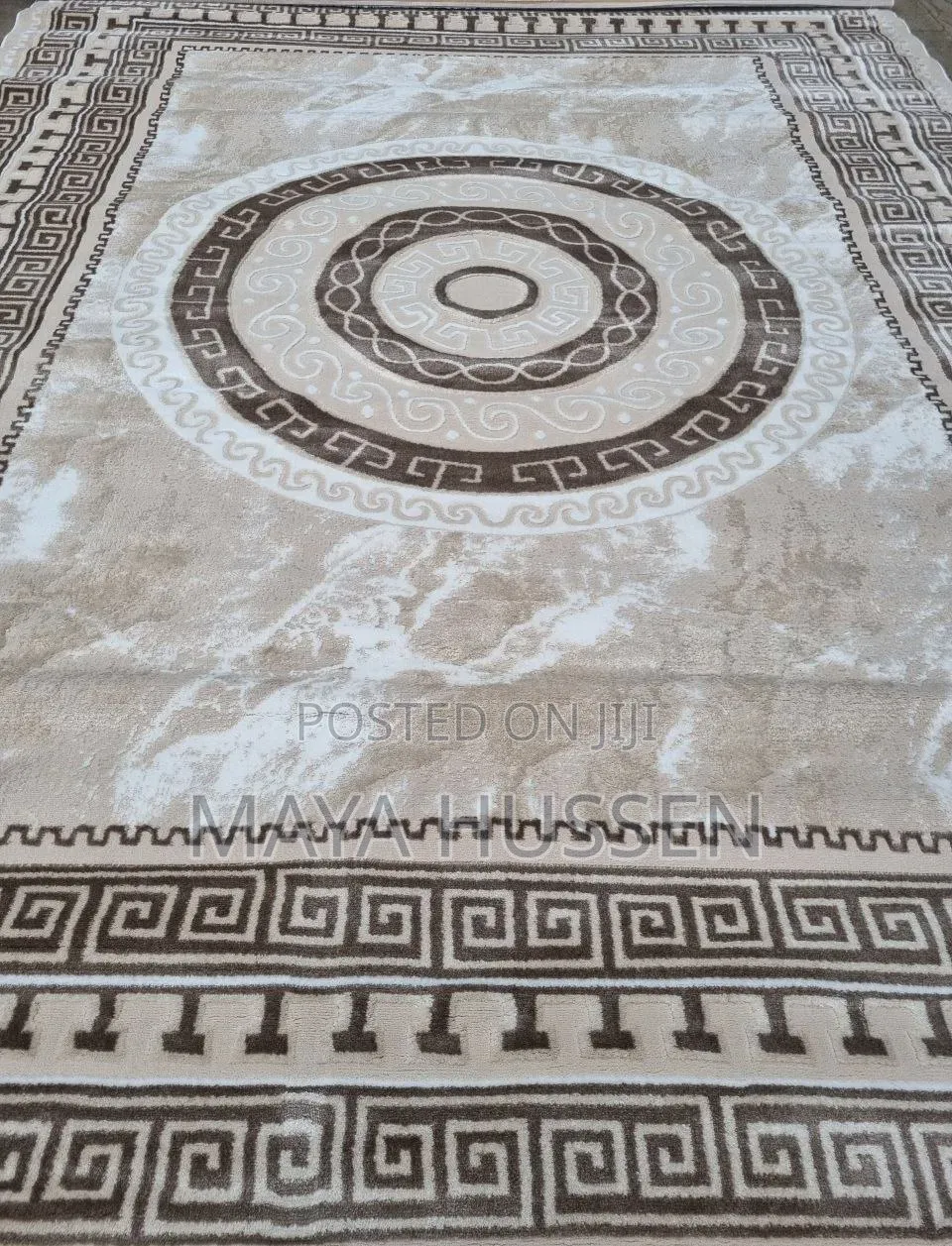 Modern Beige Brown Greek Key Circle Carpet / Rug - Brand New