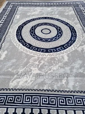 Modern Grey Navy Blue Greek Key Medallion Carpet / Rug - Brand New