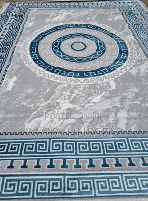 Modern Grey Teal Blue Greek Key Circle Carpet / Rug - Brand New