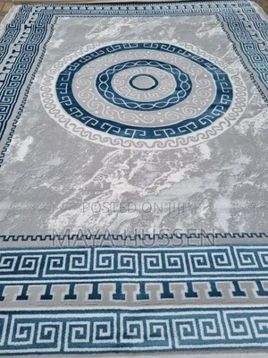 Modern Grey Teal Blue Greek Key Circle Carpet / Rug - Brand New