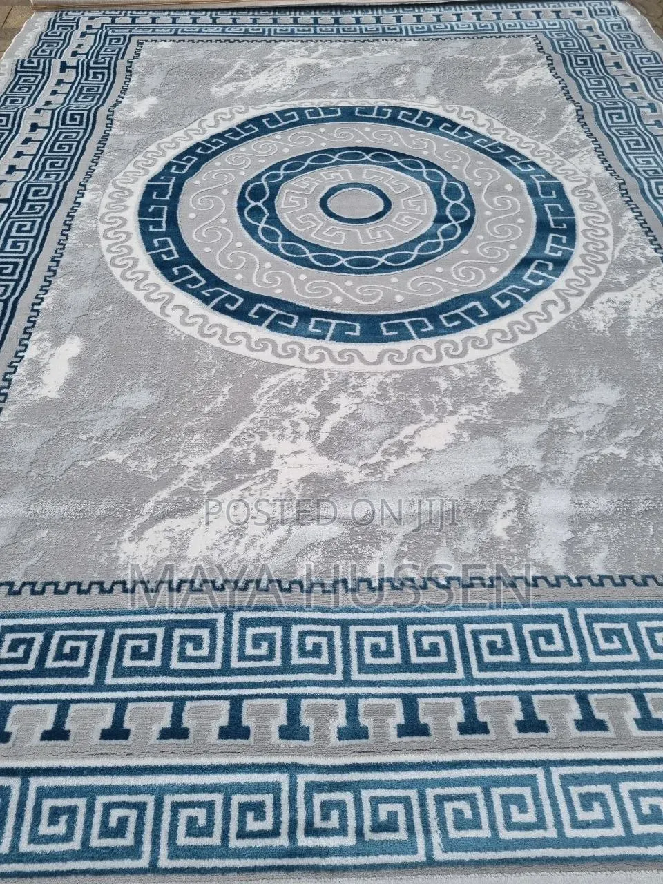 Modern Grey Teal Blue Greek Key Circle Carpet / Rug - Brand New
