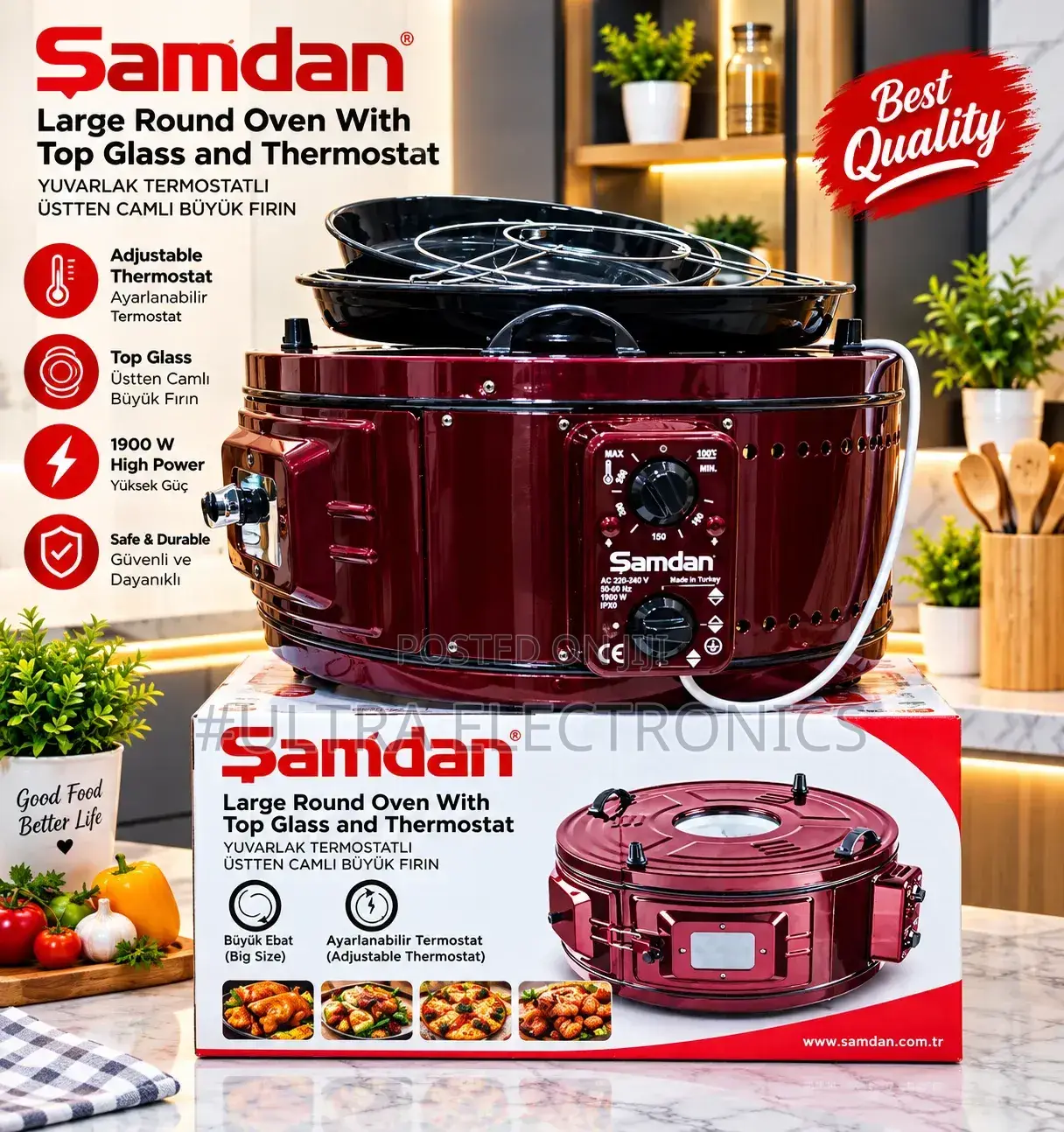 Samdan Large Round Oven – 1900W በቤትዎ ውስጥ ፒዛ፣ ዳቦ፣ ኬክ፣ ዶሮ፣ ስጋ