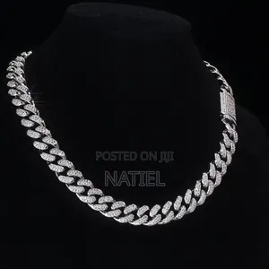 Silver-Tone Iced-Out Cuban Link Chain and Bracelet.