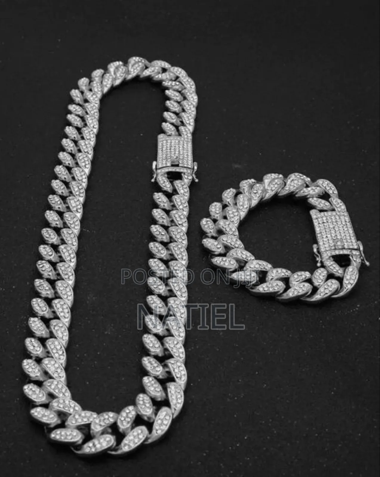 Silver-Tone Iced-Out Cuban Link Chain and Bracelet.