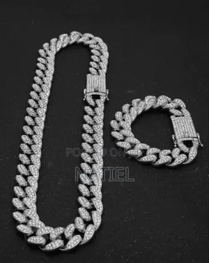 Silver-Tone Iced-Out Cuban Link Chain and Bracelet.