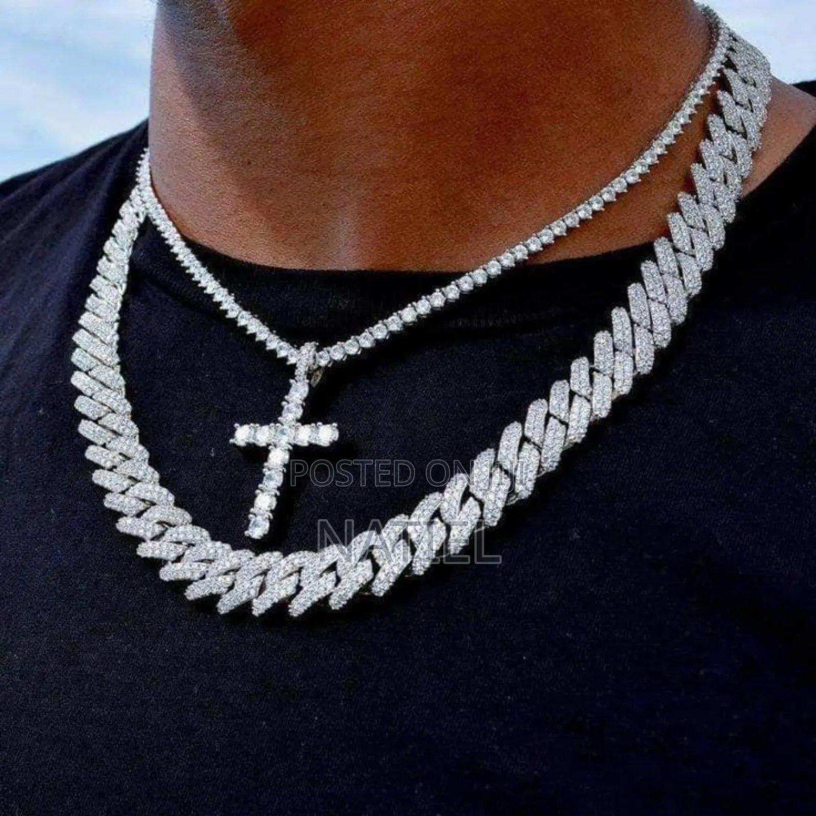 Silver-Tone Iced-Out Cuban Link Chain and Bracelet.