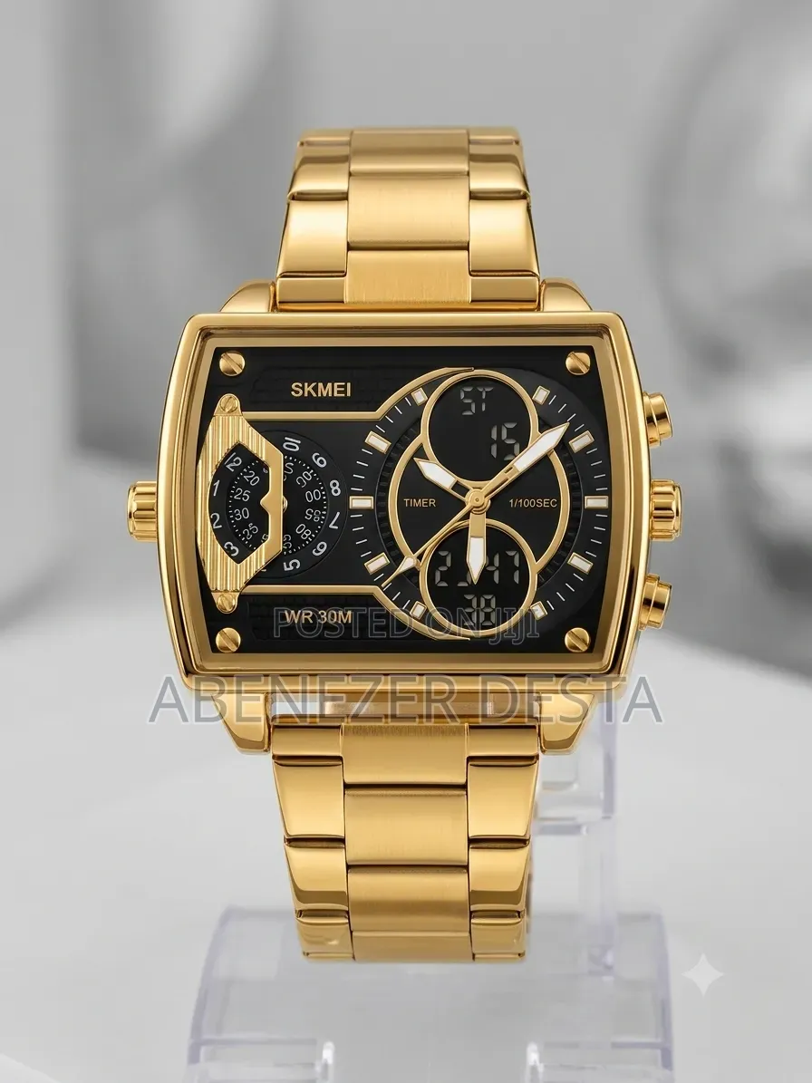 Gold-Tone SKMEI 2229 Dual-Movement Watch, Featuring a Bold Square