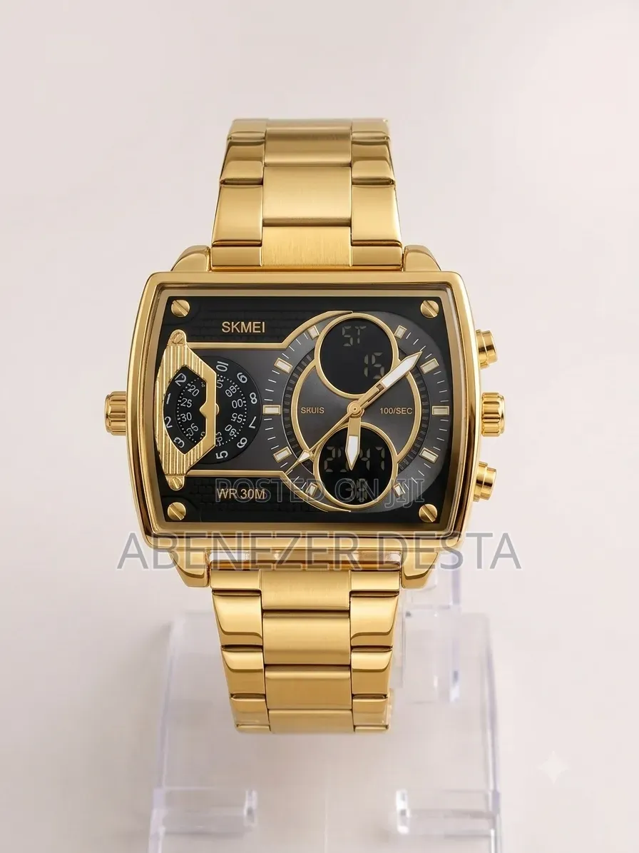 Gold-Tone SKMEI 2229 Dual-Movement Watch, Featuring a Bold Square