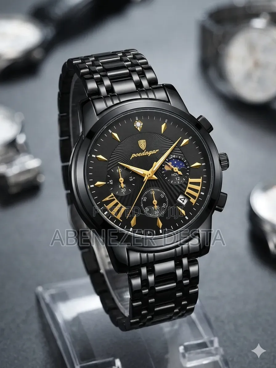 Black and Gold Poedagar 813 Men's Quartz Chronograph Wristwatch With A