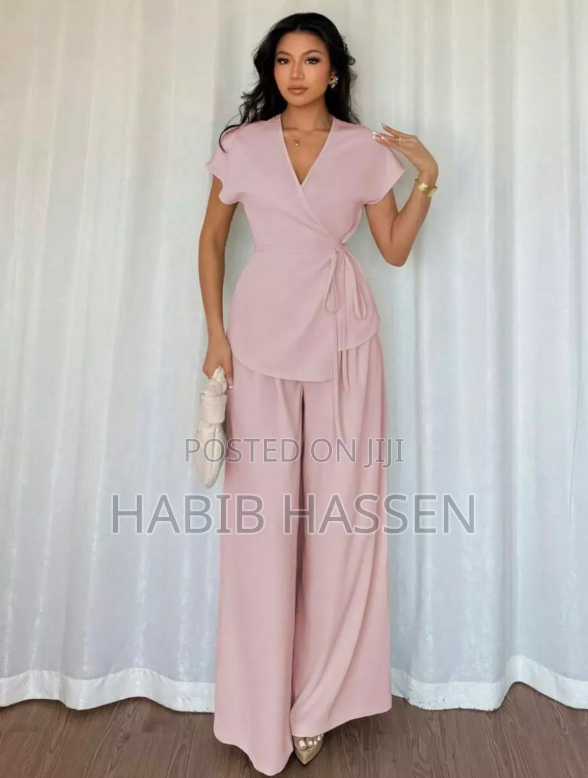 Women's Elegant Wrap Bat Wing Sleeve Blouse and Wide Leg Loose Pants