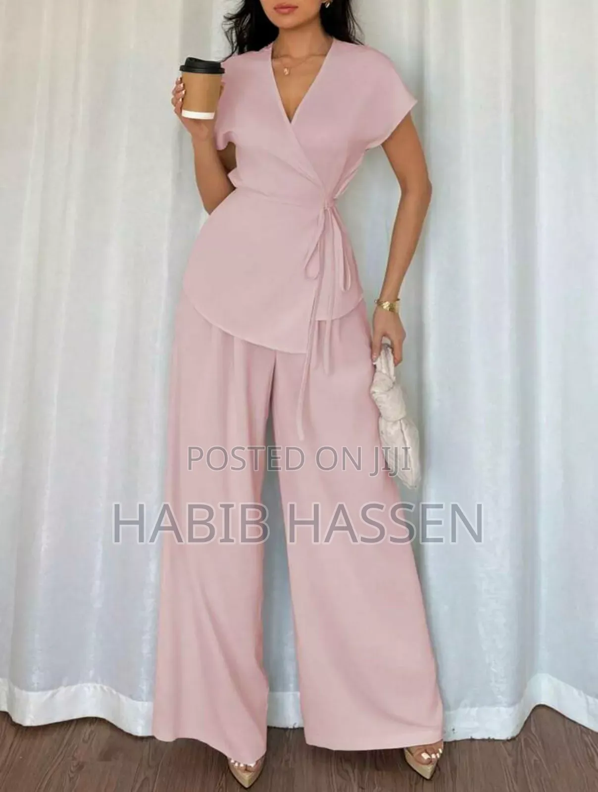 Women's Elegant Wrap Bat Wing Sleeve Blouse and Wide Leg Loose Pants