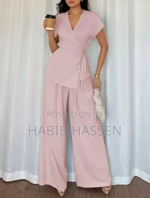 Women's Elegant Wrap Bat Wing Sleeve Blouse and Wide Leg Loose Pants