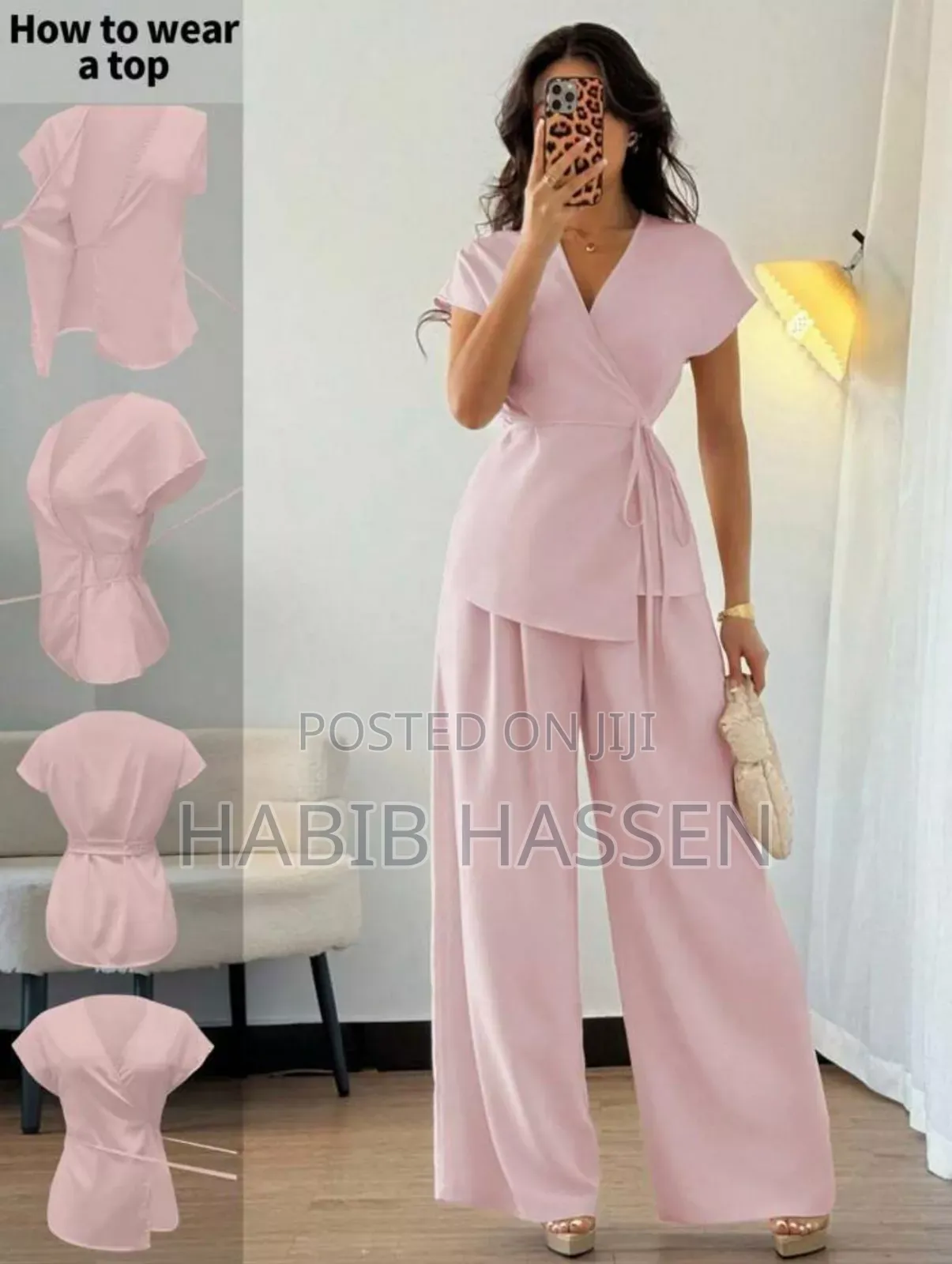 Women's Elegant Wrap Bat Wing Sleeve Blouse and Wide Leg Loose Pants