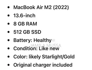New Apple MacBook Air 2022 M2 8GB Intel Core 5 SSHD (Hybrid) 512GB